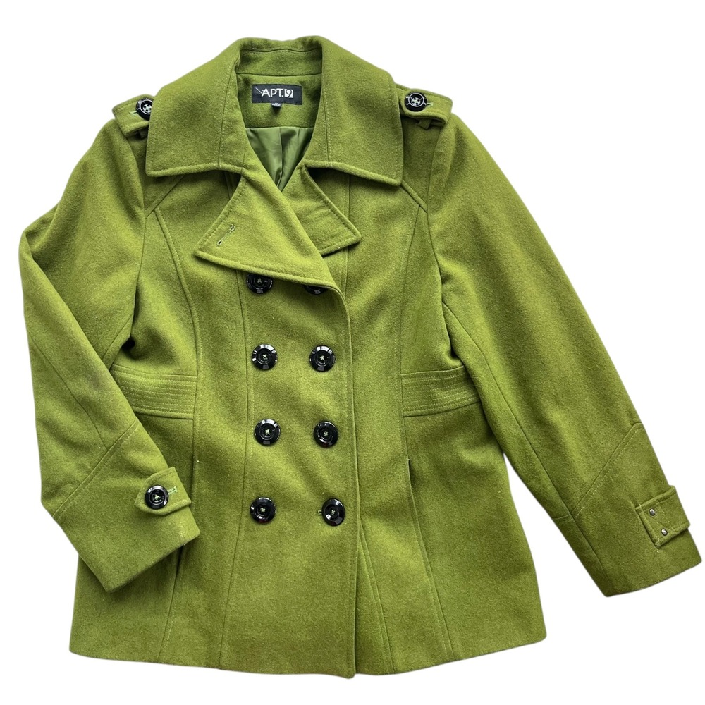 APT 9 Women's XL Lime Green Wool Bl Double Breasted Pea Coat Military Style Chic